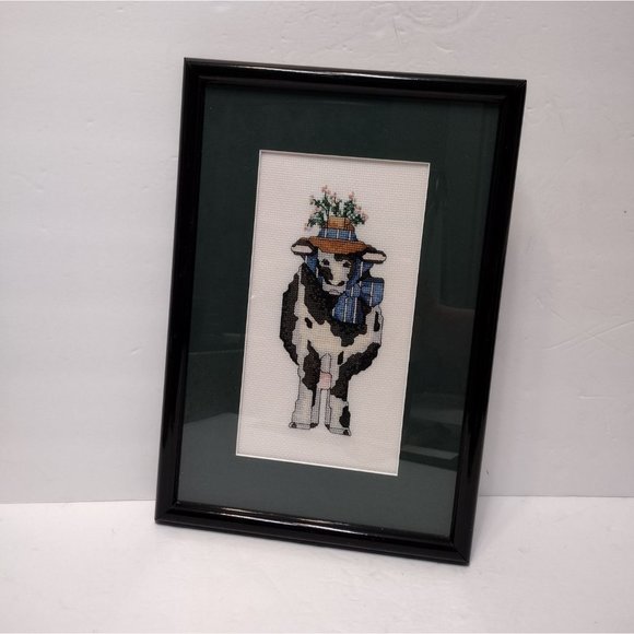 Completed Cross Stitch Cow, Vintage Framed Needlepoint, Country Farmhouse Art - Picture 2 of 7